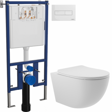 Комплект Унитаз подвесной Aqueduto Ovo OVO0120 безободковый, с микролифтом, белый матовый + Инсталляция DIWO + Кнопка 7320 белая
