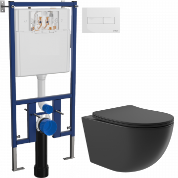 Комплект Унитаз подвесной Aqueduto Ovo OVO0140 безободковый, с микролифтом, черный матовый + Инсталляция DIWO + Кнопка 7320 белая
