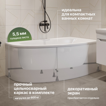 Акриловая ванна STWORKI Ноттвиль R 160x90 см, угловая, с каркасом, асимметричная