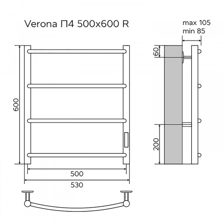Полотенцесушитель электрический AZARIO VERONA 500/600 4 секции, диммер справа, белый (AZ04856W)