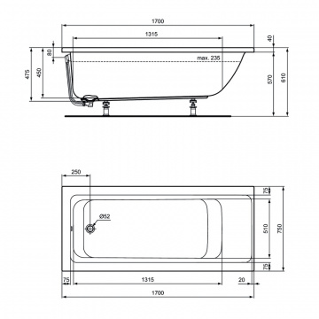Ванна акриловая Ideal Standard CONNECT AIR 170х75, встраиваемая, без системы слива-перелива