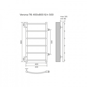 Полотенцесушитель водяной AZARIO VERONA 400/800 6 секций, боковое подключение, 1", хром (AZ04548)
