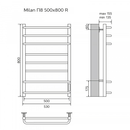 Полотенцесушитель электрический AZARIO MILAN 500/800 8 секций, диммер справа, черный (AZ90858B)