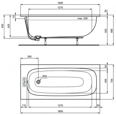 Промо-набор Ideal Standard 4 в 1: Ванна акриловая 160х70см, ножки, фронтальная панель, крепеж для фронтальной панели (PT475867)