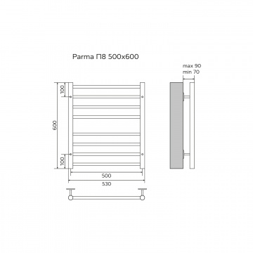 Полотенцесушитель водяной AZARIO PARMA 500/600 8 секций, нижнее/диагональное подключение, 1/2", хром (AZ10156S)