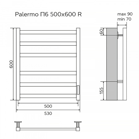 Полотенцесушитель электрический AZARIO PALERMO 500/600 квадрат, 6 секций, диммер справа, белый (AZ83856W)